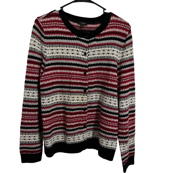Talbots Fair Isle Lambswool Blend Button Front Cardigan Red Black Size L Petite - Picture 1 of 7